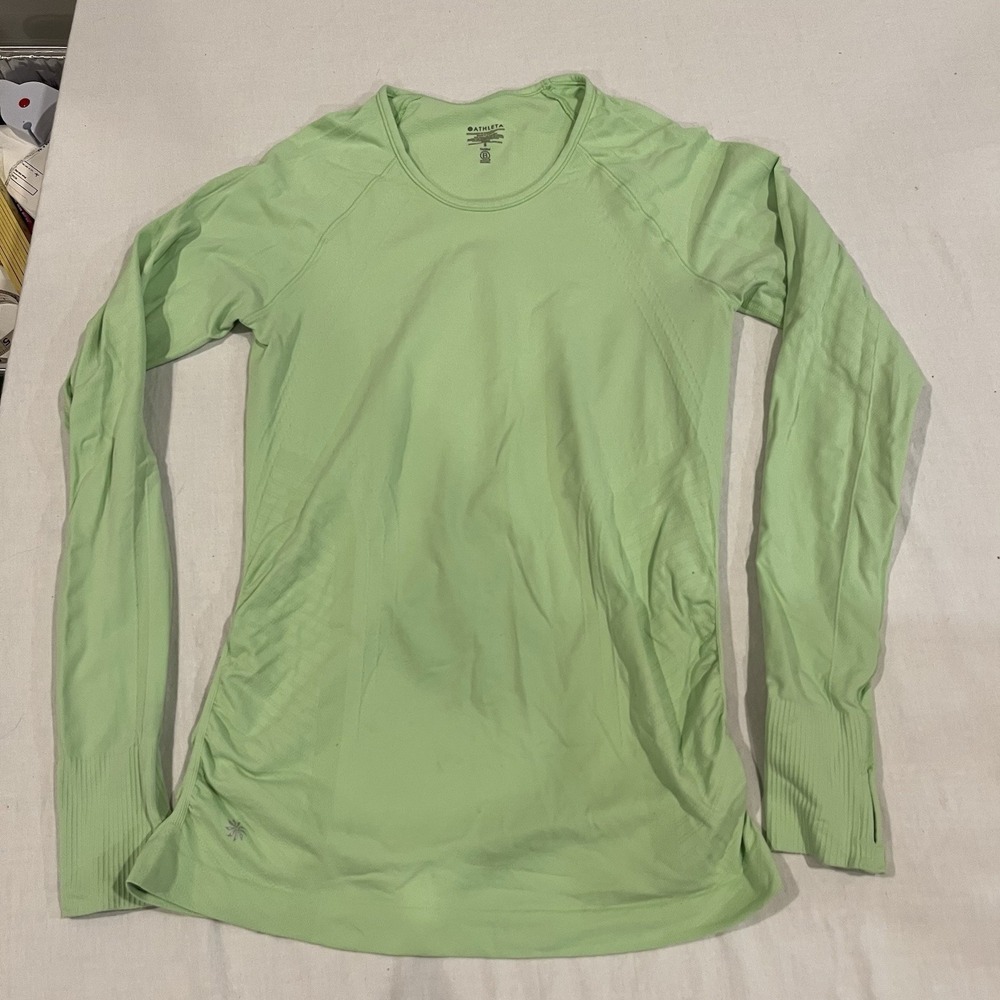 Athleta Long Sleeve Top Size S Green Ruched Stretch Sleek Fit Thumbhole Shirt